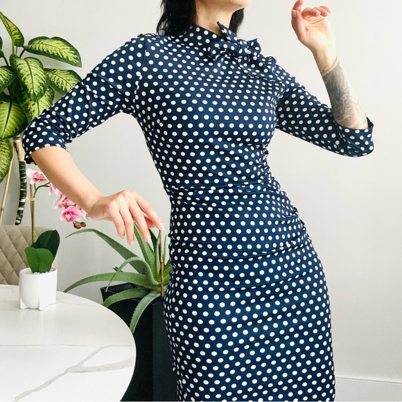 Pinup Polka Dot Pencil Dress in Navy with Neck Bow - Picture 3 of 9